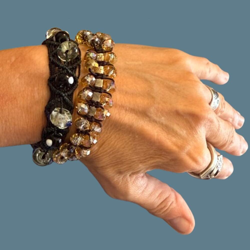 Pair of Sparkly Crystal Glass Beaded Embroidered Bracelets